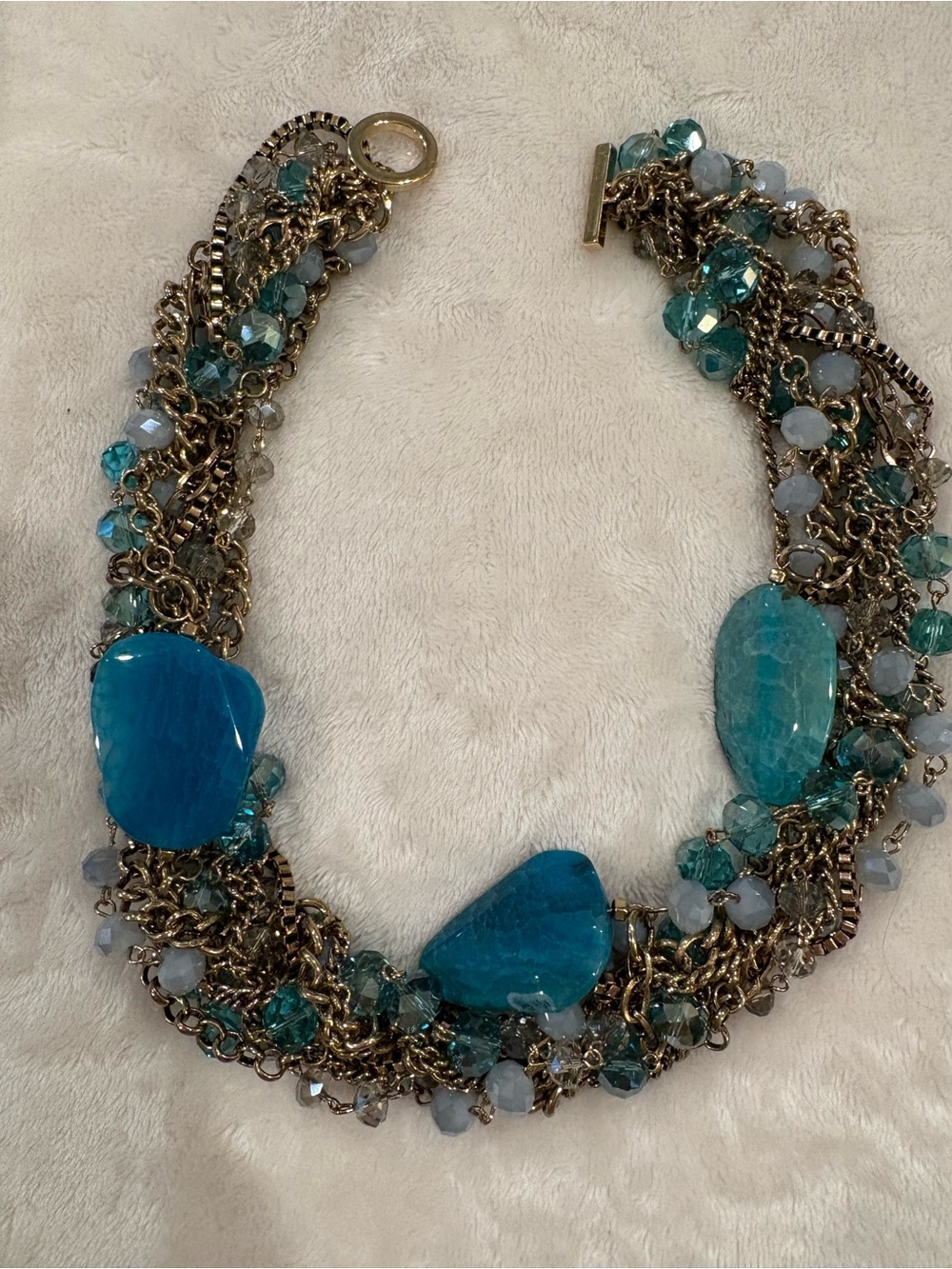 Gold-Tone Multi-strand Necklace with Turquoise Blue Stones Crystals Statement